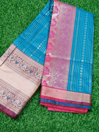 Blue n Pink Semi Dharmavaram Silk Saree