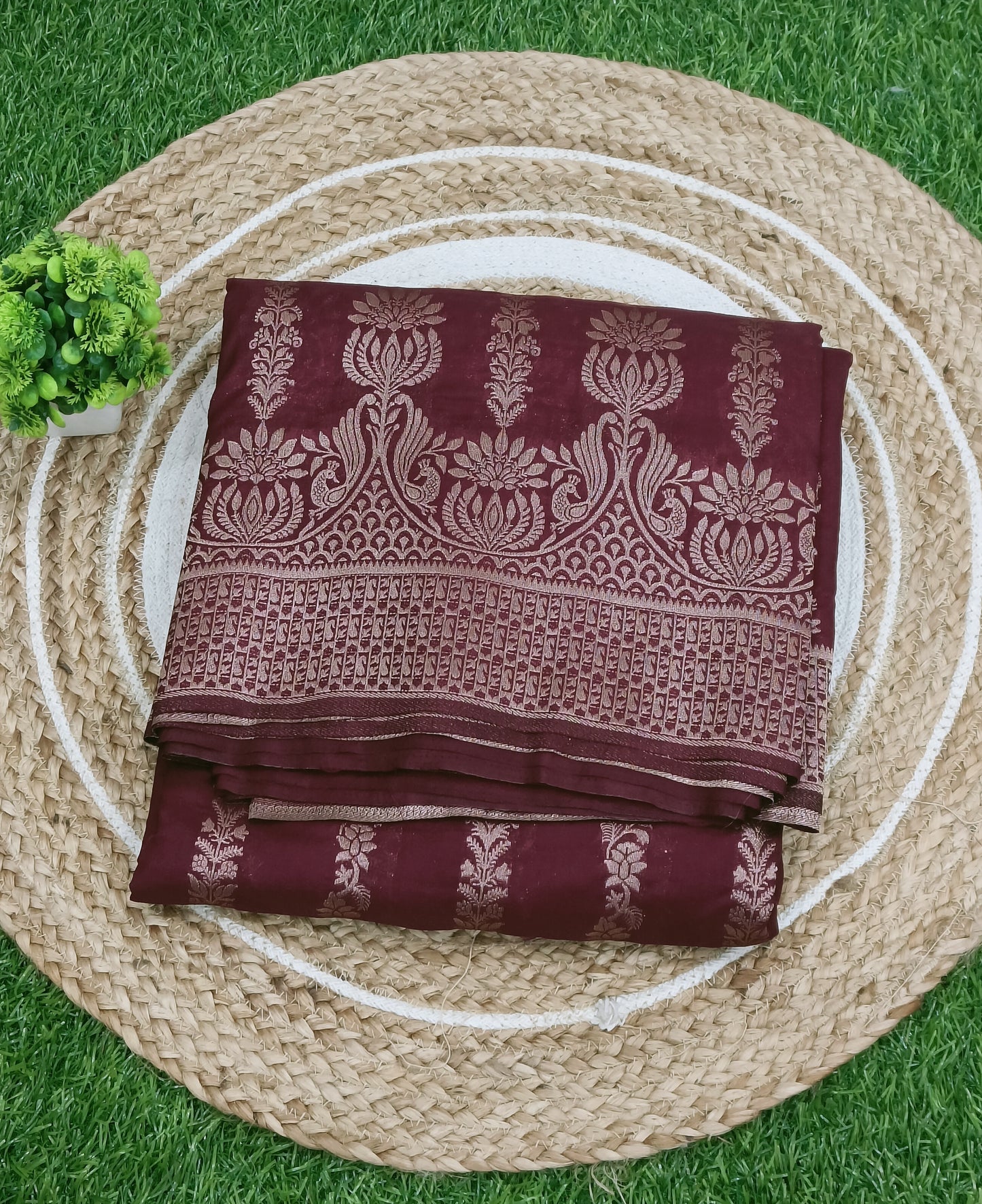 Brown Peacock Scallop Banarasi Silk Saree