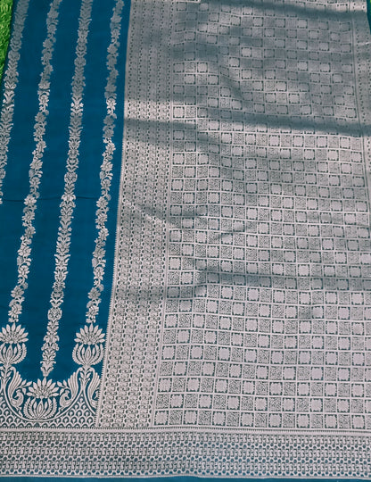 Teal Blue Peacock Scallop Banarasi Silk Saree