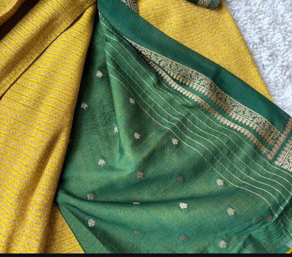 Lemon Yellow n Green Khadi Banarasi Saree