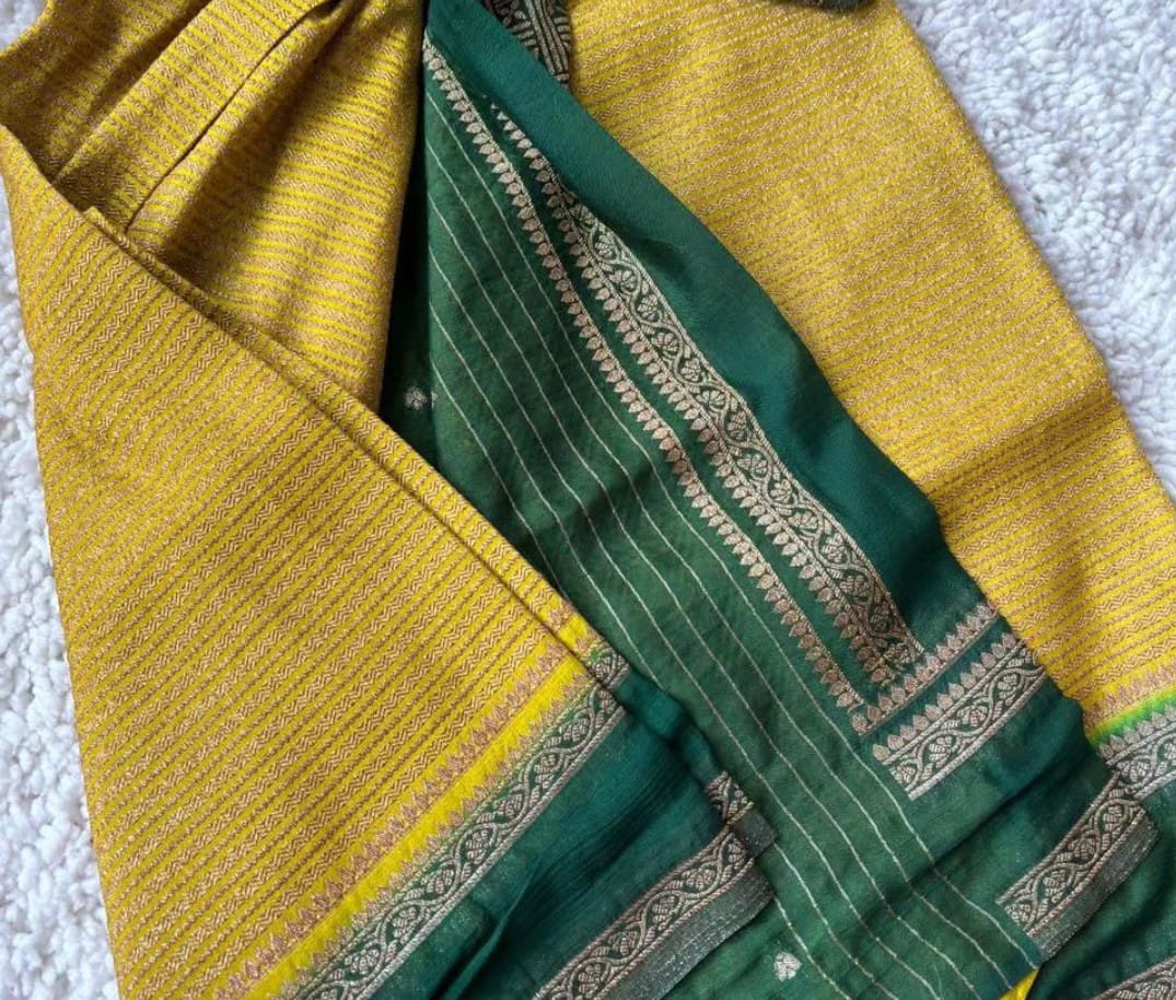 Lemon Yellow n Green Khadi Banarasi Saree