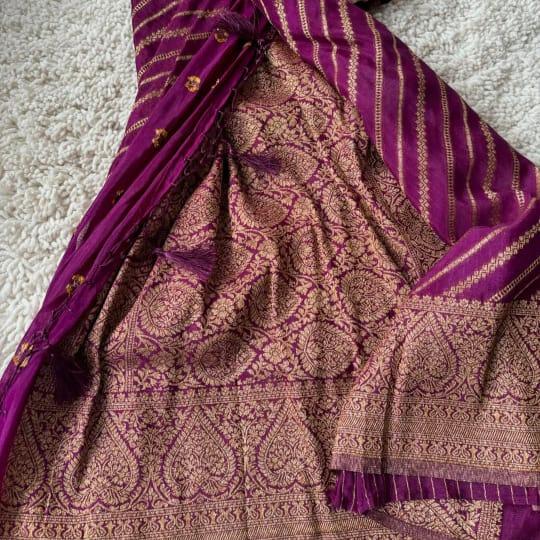 Purple Lahariya Khadi Banarasi Saree