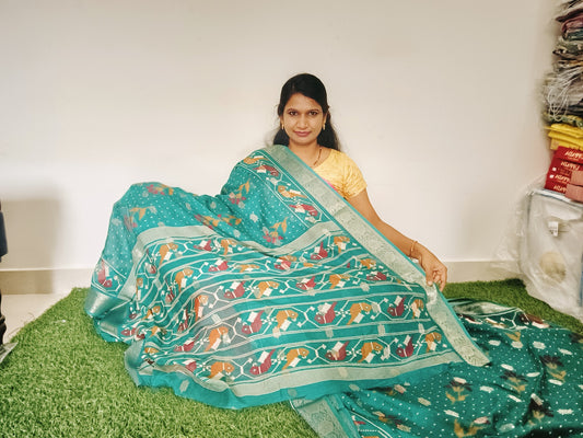 Light green Bunai Semi Banarasi Georgette Saree